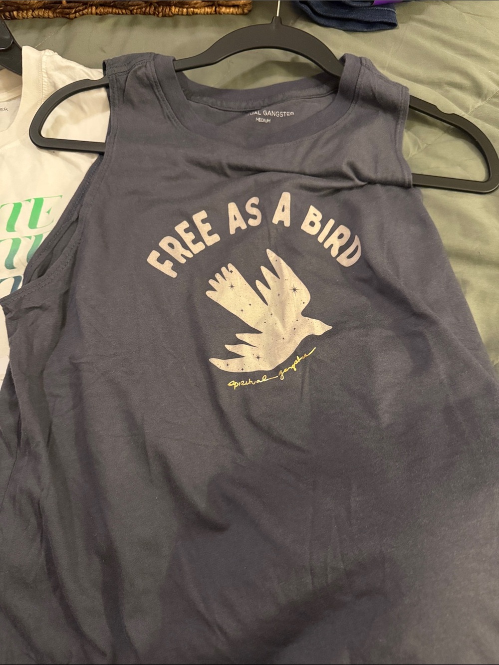 Spiritual Gangster grey tank with cream bird graphic and extra white tank